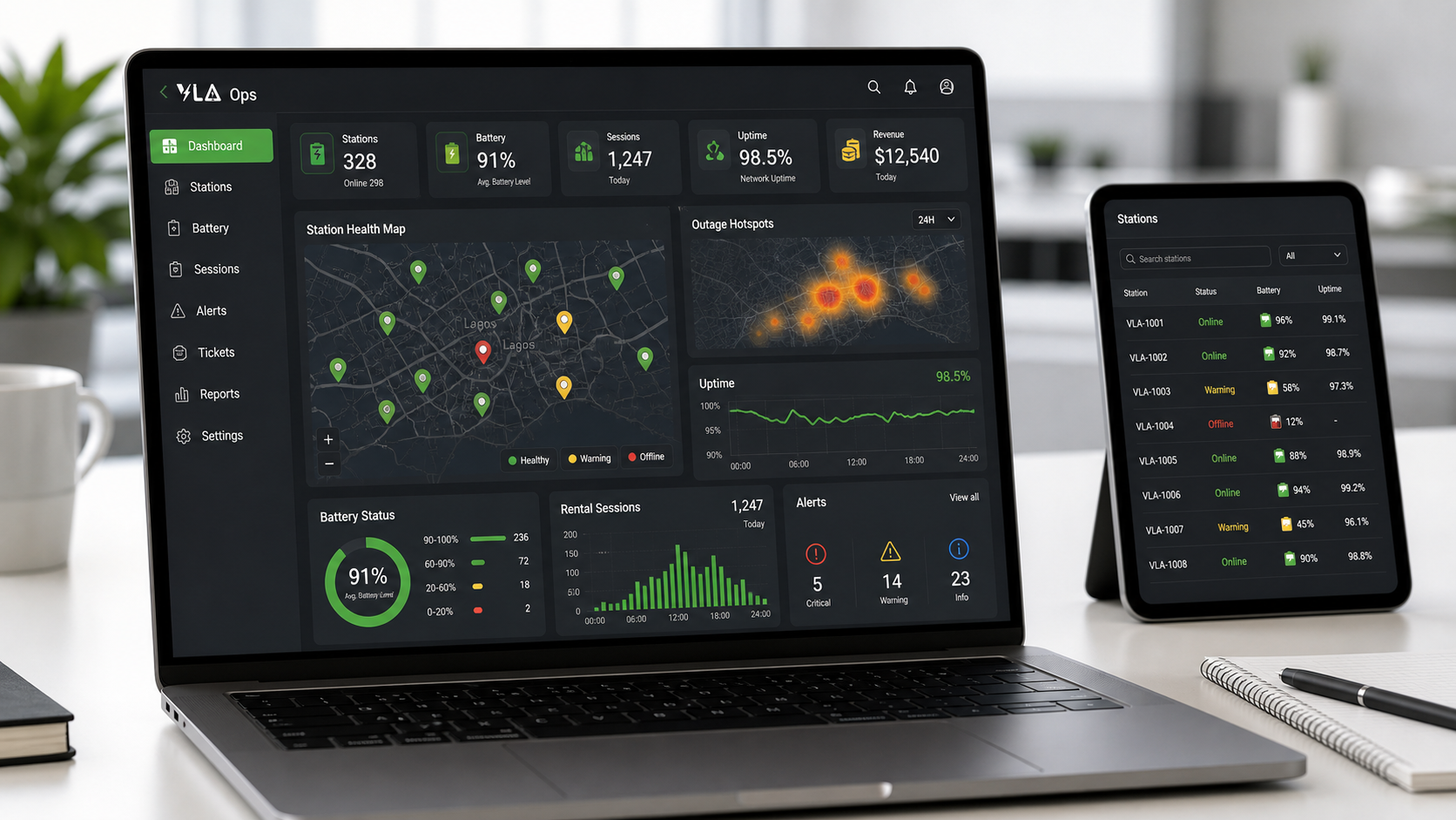 VLA operations dashboard showing station health and demand insights