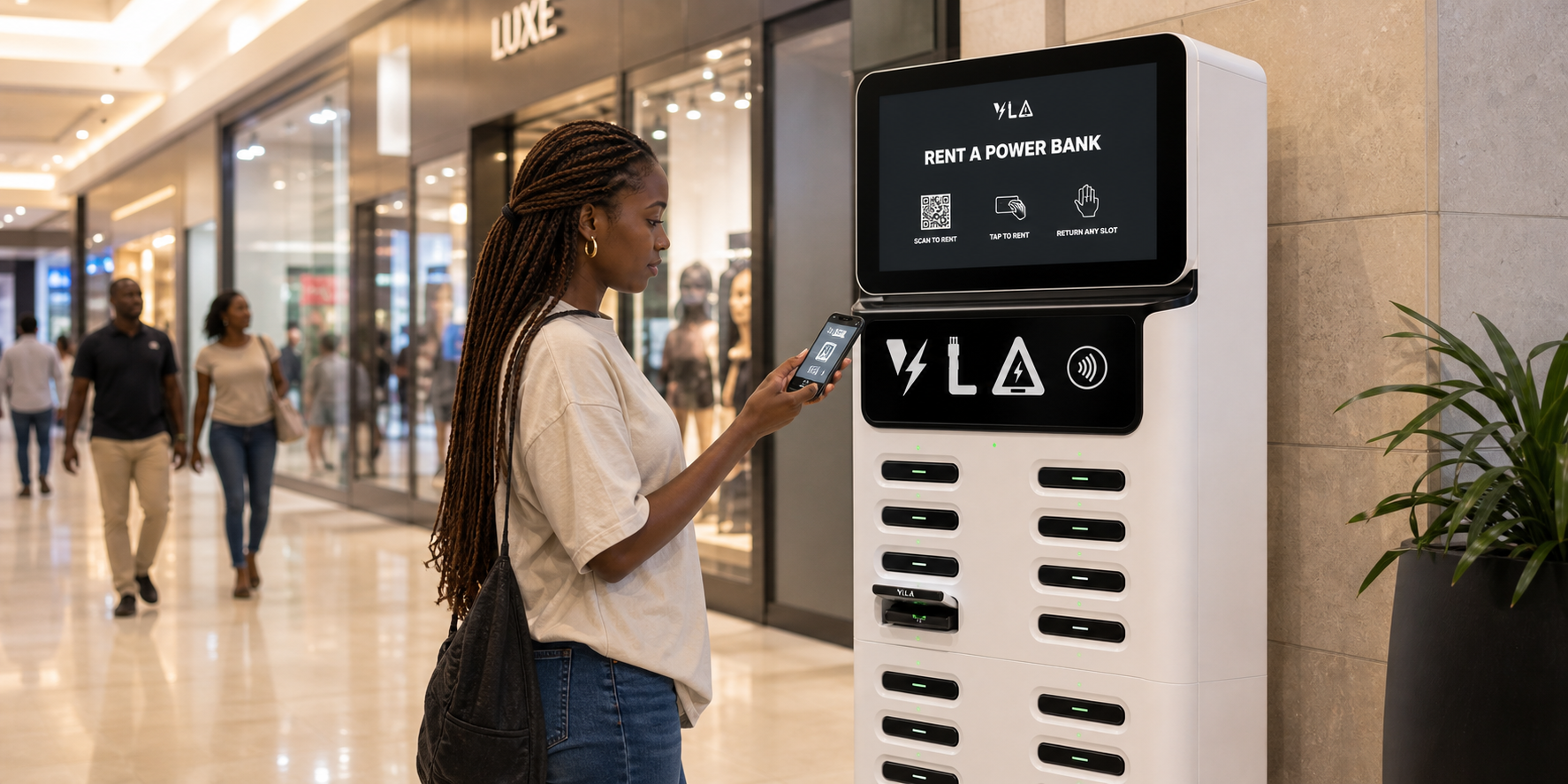 Customer renting a VLA power bank in a mall
